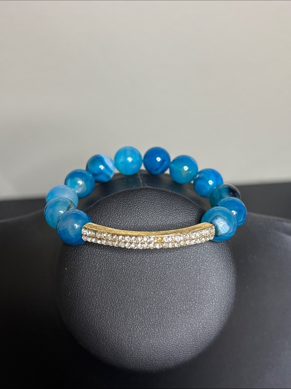 Blue Glass Beaded Stretch Bracelet with Gold Crystal Accent